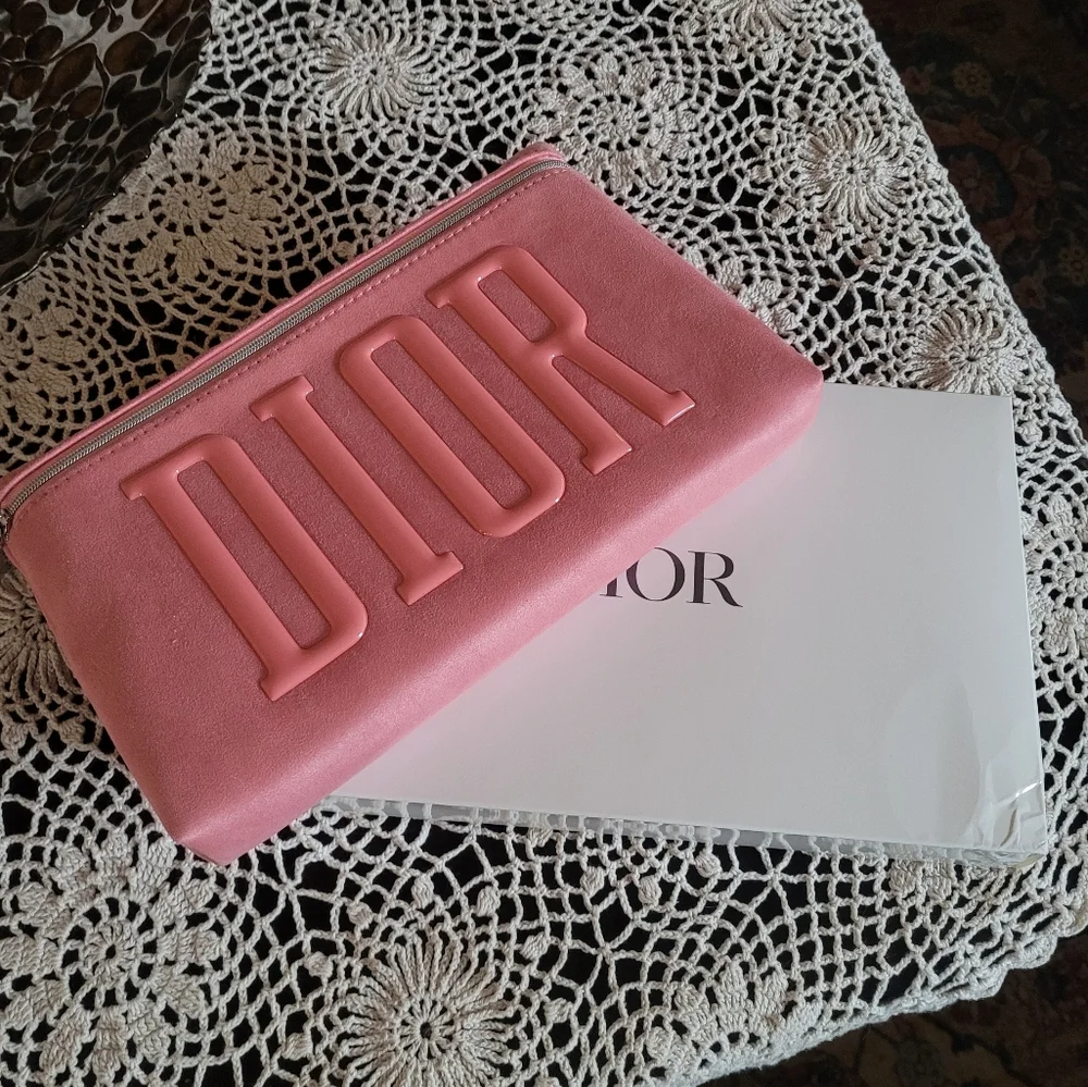 Dior Pink Suede Pouch with Silver Logo Zip NIB‎